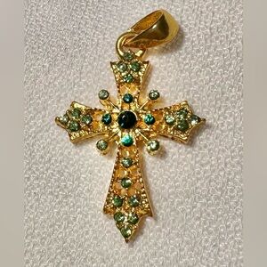 Cross Pendant with Green Rhinestones 1” in Gold-tone